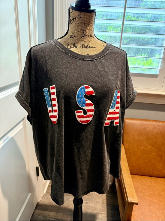 BiBi Tops - BiBi from Lizard Thicket Boutique Oversized Tee with USA Flag Appliqué